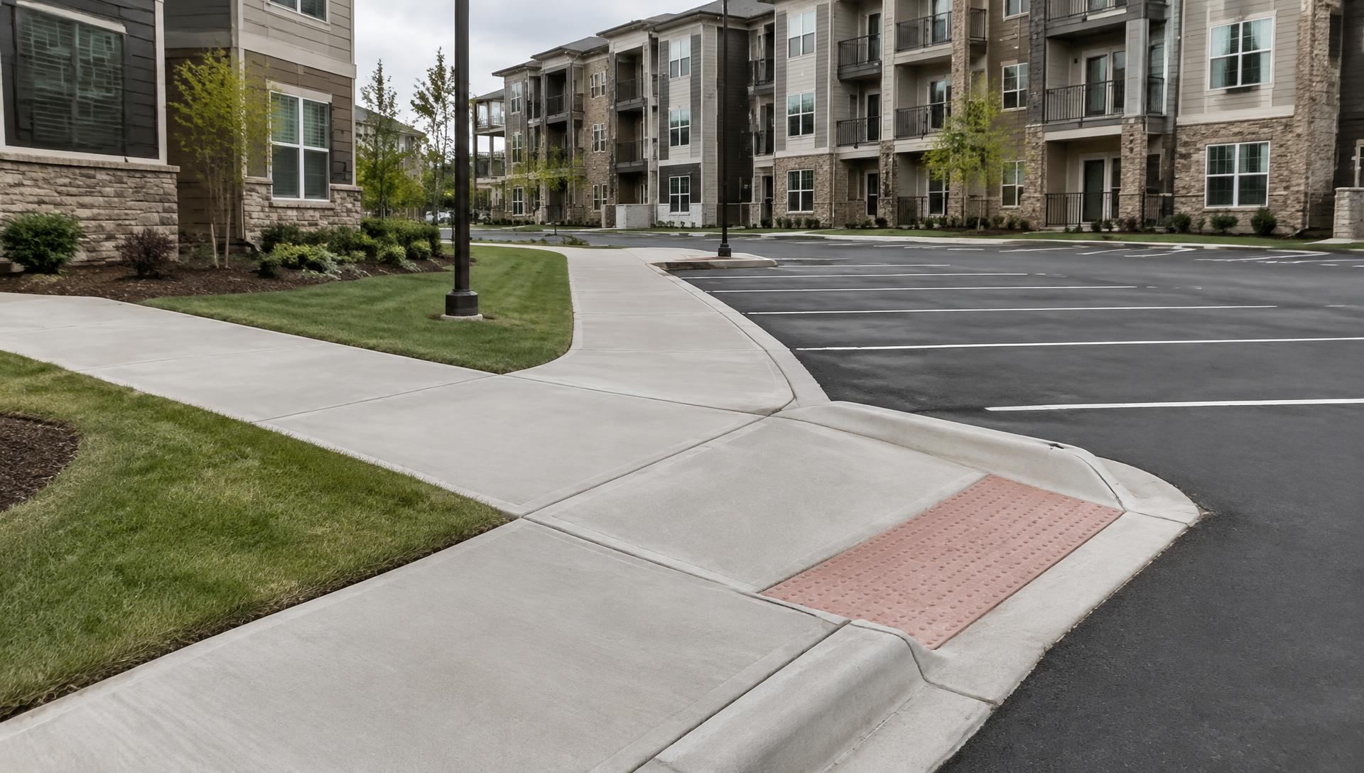 New concrete sidewalk, curb and gutter and accessible curb ramp at a multifamily property