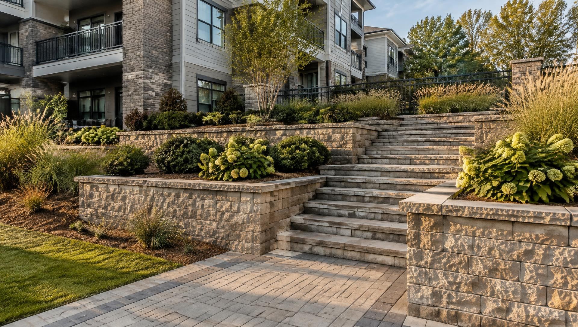 Terraced segmental retaining walls, stone steps and paver walkway at an apartment community