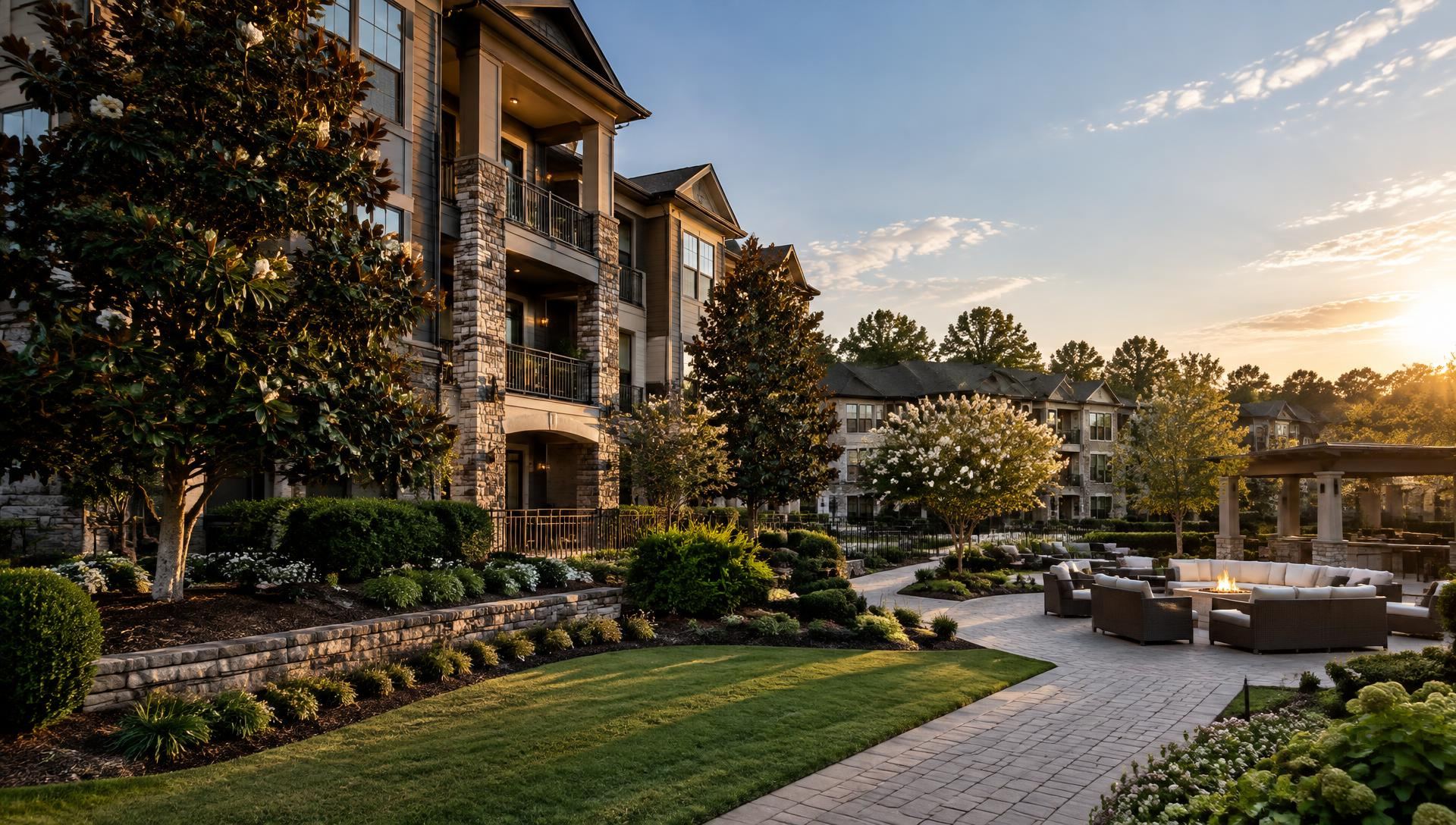 Professionally landscaped luxury apartment community in metro Atlanta with stone retaining wall and paver courtyard