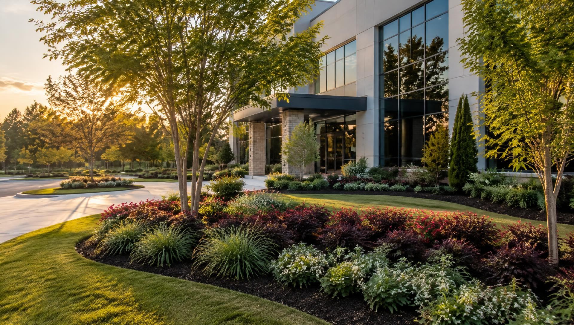 Renovated commercial entrance landscape with new ornamental trees, planting beds and fresh sod