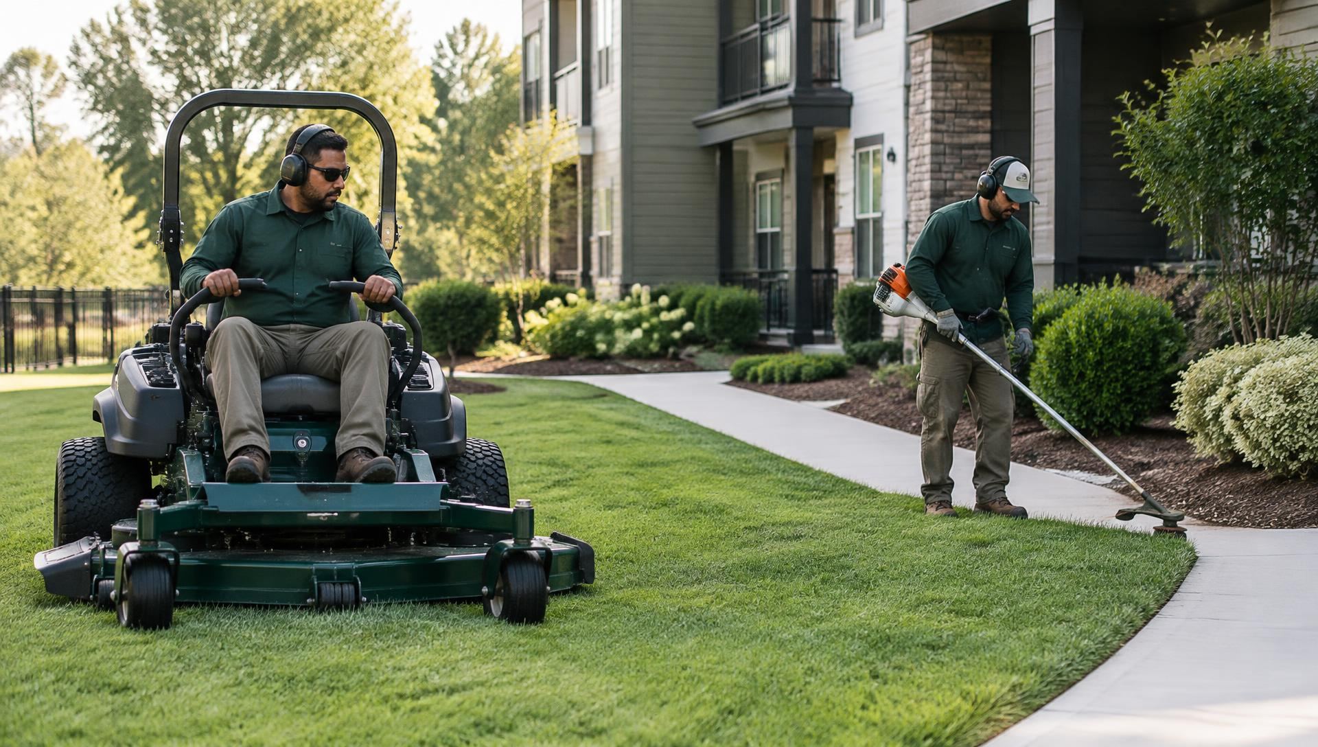 Commercial landscape crew mowing and edging turf at a modern apartment community
