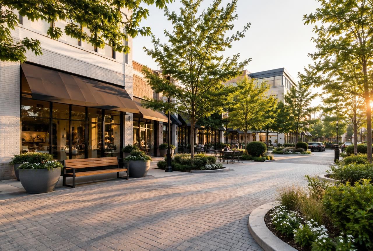 Mixed-use retail plaza with street trees, planters and paver plaza