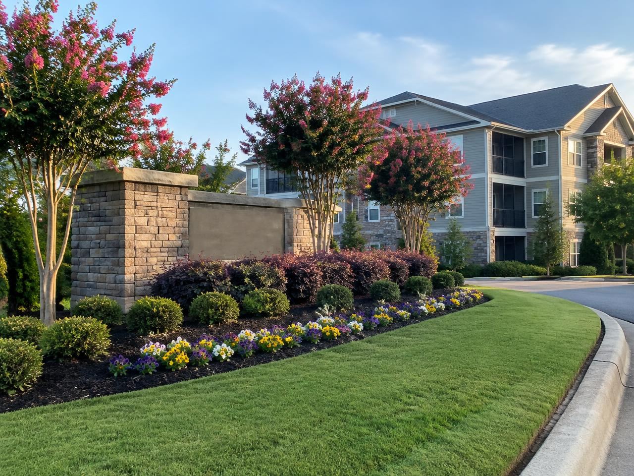 Renovated apartment entrance with crape myrtles, shrubs, seasonal color and new sod