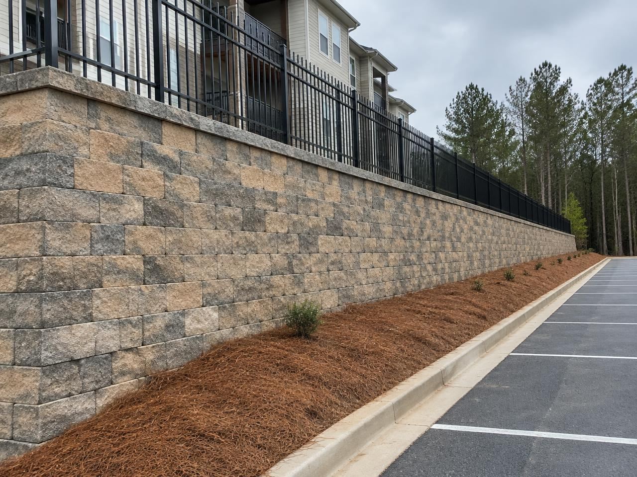 Tall segmental block retaining wall with safety fence beside an apartment parking lot