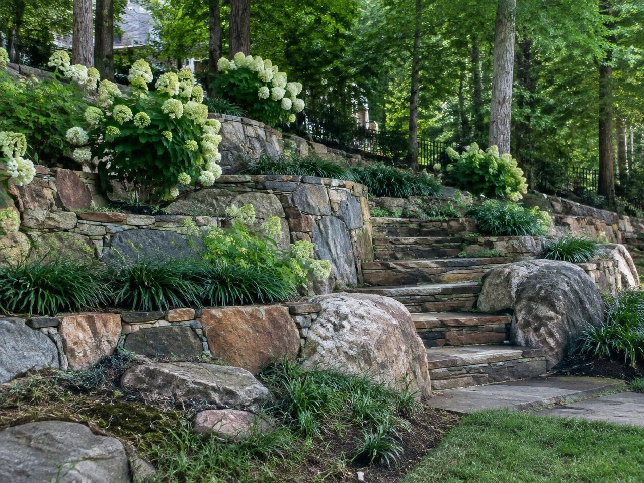 Terraced natural stone retaining walls with stone steps and hydrangeas