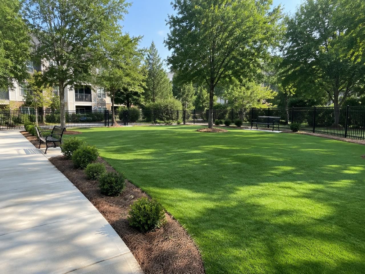 Fenced amenity lawn with benches, walkway and new shrub border at an apartment community